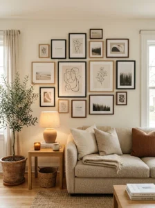 Gallery wall with mixed frame sizes in a cozy home