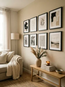 Matching black frames creating a clean gallery wall design