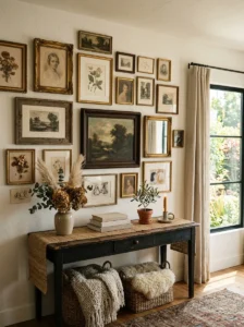Collected gallery wall with layered vintage and modern artwork
