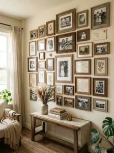 Personal photos and artwork styled together on a gallery wall