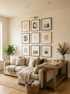 Consistent spacing between gallery wall frames in a modern home