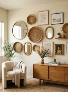 Gallery wall with woven textures and layered decor
