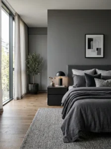 Alt Text: Monochromatic gray bedroom with layered textures and modern styling.