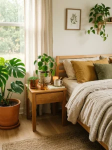 Healthy indoor plants in a calm cozy bedroom