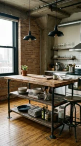 Industrial kitchen island built with metal pipes and wood.