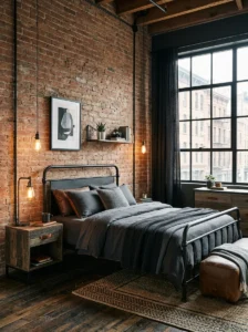 Industrial bedroom with exposed brick walls and metal furniture.