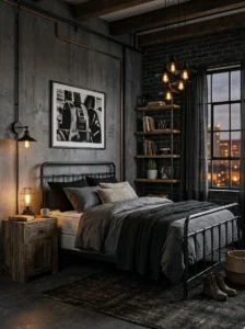 Industrial-style black bedroom with metal and wood accents.