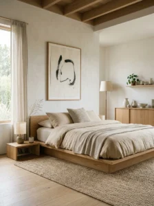 Alt Text: Japandi-style minimalist bedroom with natural materials and neutral colors.