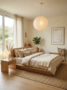 Japandi-style modern bedroom with warm minimalist decor.
