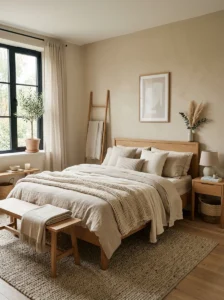 Warm beige and soft white walls in a Japandi bedroom
