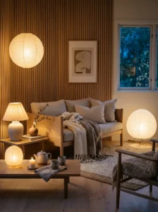 Soft layered lighting in a warm Japandi home