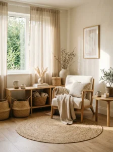 Natural woven materials in a cozy Japandi interior
