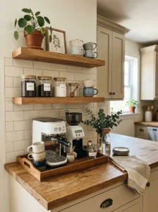 Warm cozy coffee station in a modern neutral kitchen.