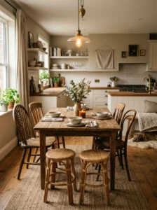Cozy kitchen with mixed seating and warm natural textures.