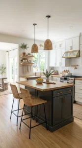 Two-tone kitchen island with gray base and wood countertop.