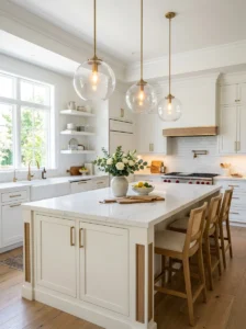 Alt Text: Open kitchen featuring glass pendant lighting above the island.