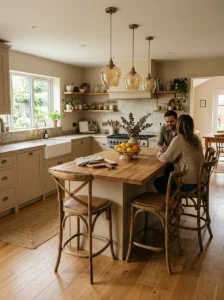 Functional kitchen island with warm lighting and cozy seating.