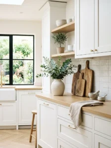 Alt Text: Open kitchen decorated with simple and meaningful accessories.