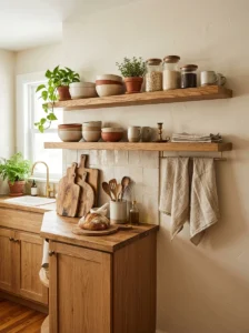 Floating kitchen shelves with warm wood decor and ceramics.