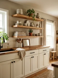 Kitchen with open shelving and warm closed cabinet storage.