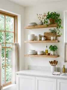 Alt Text: Open kitchen with floating shelves displaying dishes and decor.