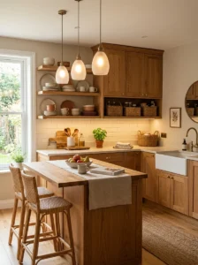 Warm wood kitchen cabinets with soft cozy lighting and neutral decor.