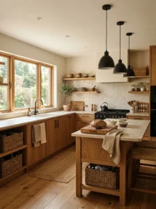 Warm wood kitchen cabinets with cozy neutral decor and natural light.