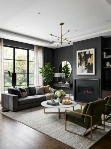 White ceiling paired with dark walls in a modern luxury living room