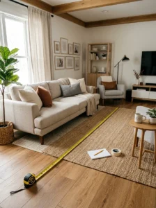 Measuring sofa spacing in a cozy modern living room