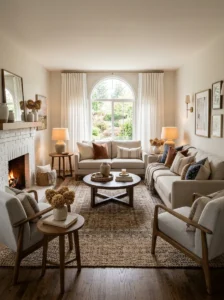 Balanced furniture layout in a cozy transitional living room
