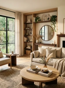 Light and dark wood tones layered together in a cozy living room