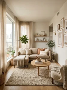 Slim sectional sofa in a rectangular living room layout