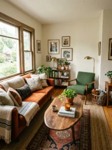 Diagonal furniture placement in an awkward rectangular living room
