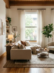 Floating sofa layout in a cozy rectangular living room