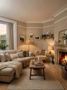 Crown molding detail in warm modern living room