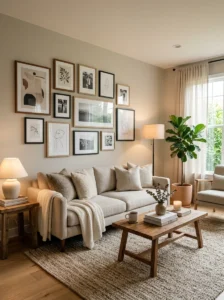 Gallery wall hung at comfortable eye level in a cozy living room