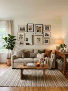 Gallery wall anchored above a cozy neutral sofa