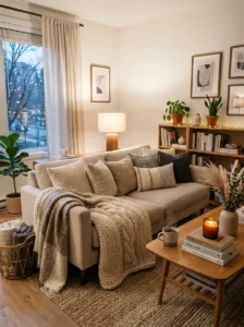 Seasonal throw blankets styled in a cozy living room