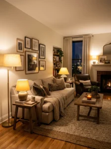Warm lighting creating a relaxing and comfortable room atmosphere.