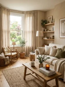 Soft linen curtains adding warmth and elegance to a cozy room.