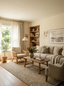 Soft neutral color palette in a transitional living room