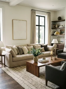 Large neutral sofa in an elegant formal living room