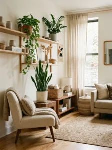 Low-maintenance indoor plants in a cozy neutral home