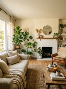 Indoor plants styled with height variation using plant stands