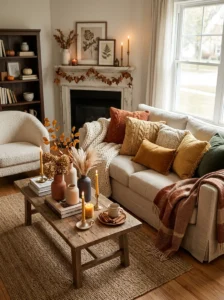 Seasonal decor layers creating a warm and inviting cozy room.