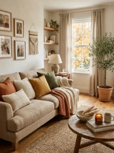 Seasonal pillow covers layered on a cozy neutral sofa