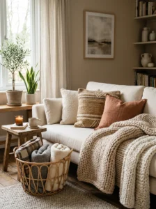 Layered throw blankets creating a cozy and inviting living room.