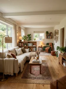 Two cozy seating zones inside a rectangular living room