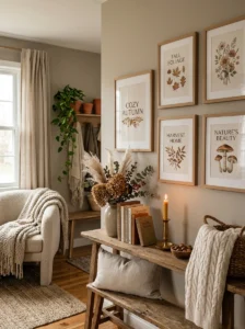 Seasonal wall art styled in warm wood frames