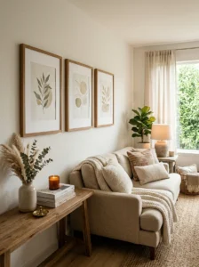 Three framed art pieces layered on a cozy neutral wall